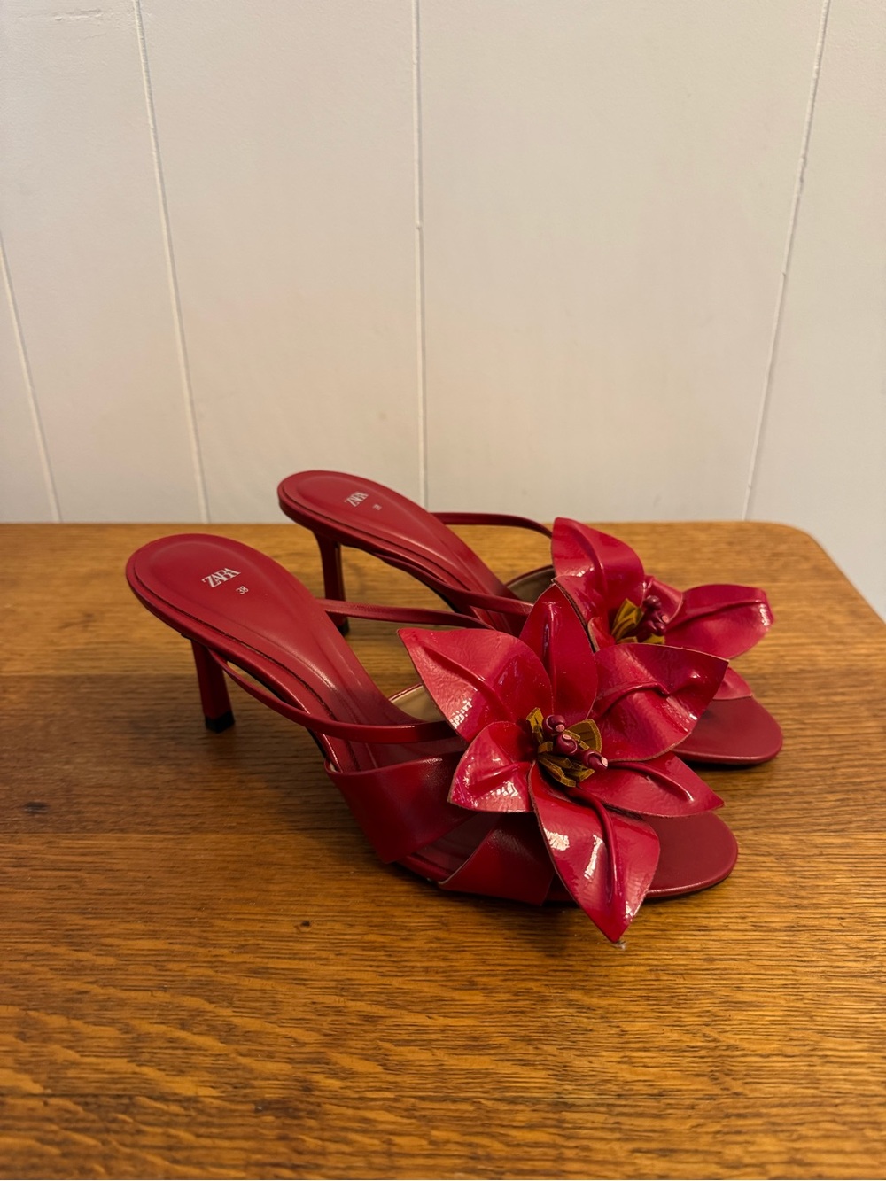 Zara Red Floral Patent Sandal Heels with Statement Floral - Picture 2 of 6